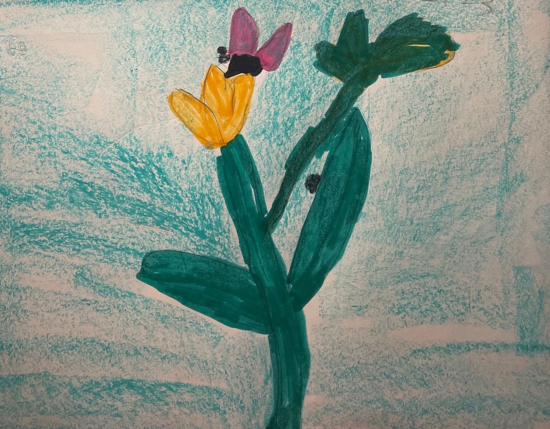 a child 's drawing of a flower with a butterfly on it