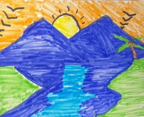 a child 's drawing of a river flowing through a mountain range