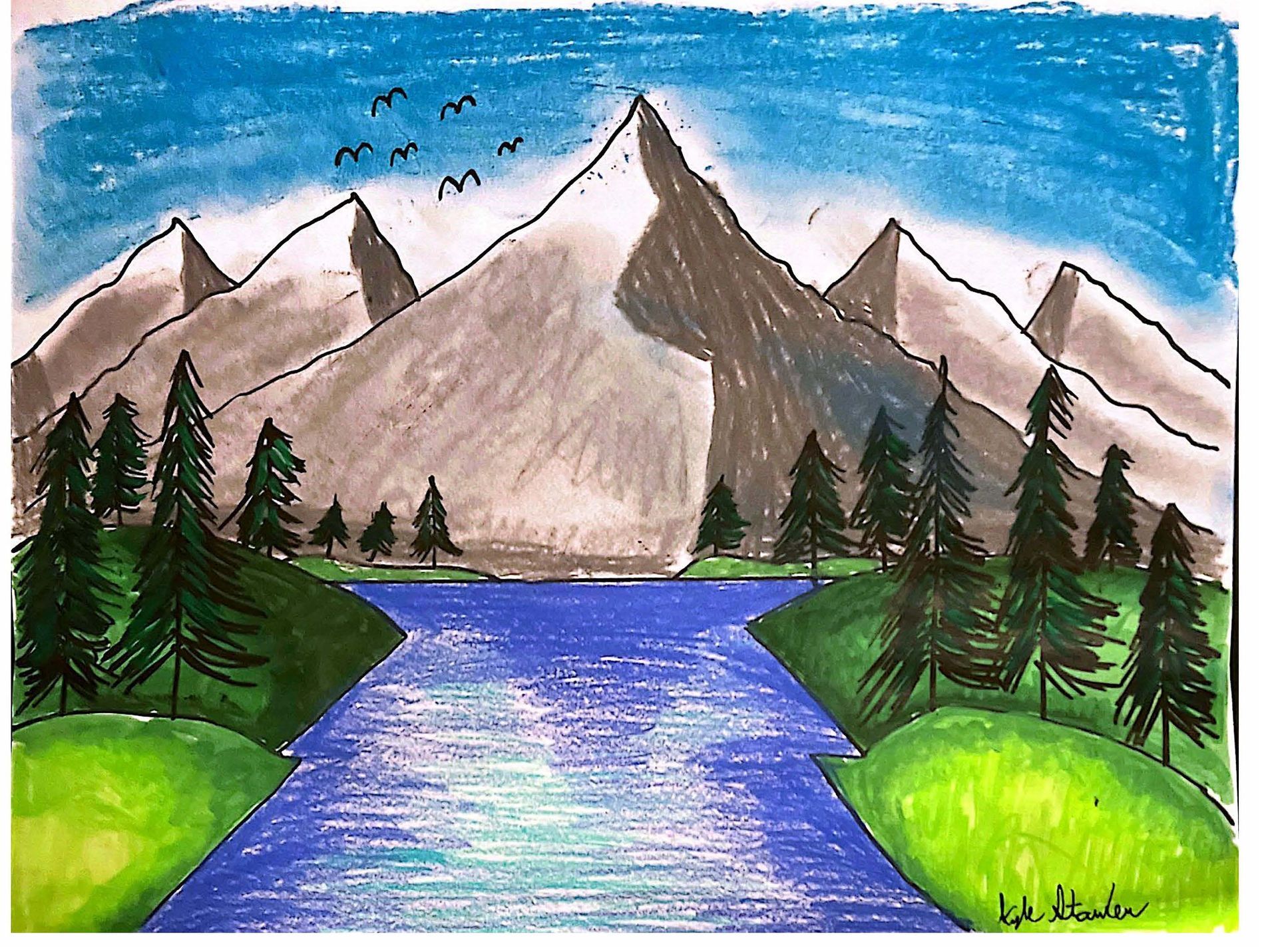 a painting of a river with mountains in the background
