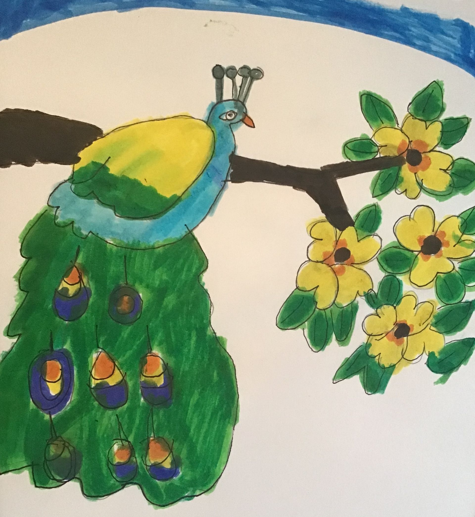 a drawing of a peacock sitting on a branch with yellow flowers