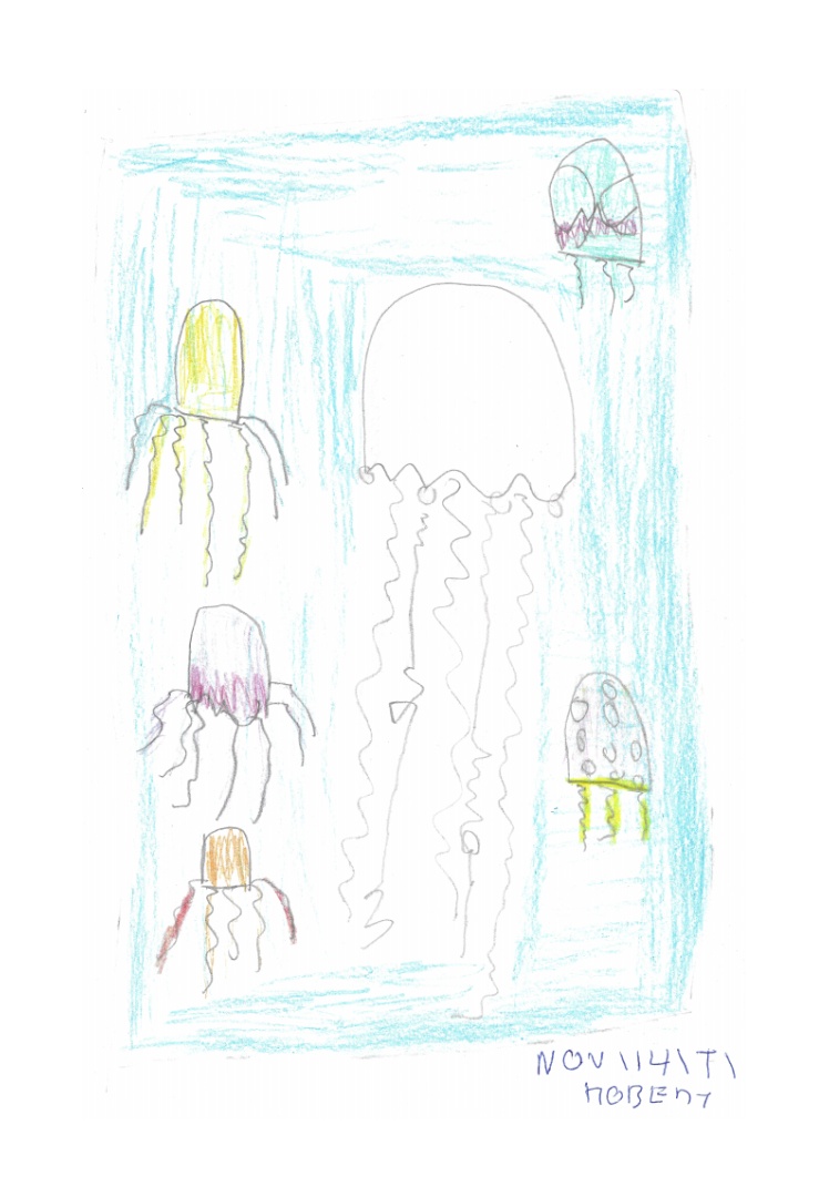 a child 's drawing of jellyfish with the letters nc on the bottom