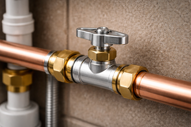 Close-up of a brass shut-off valve installed on a copper water pipe.