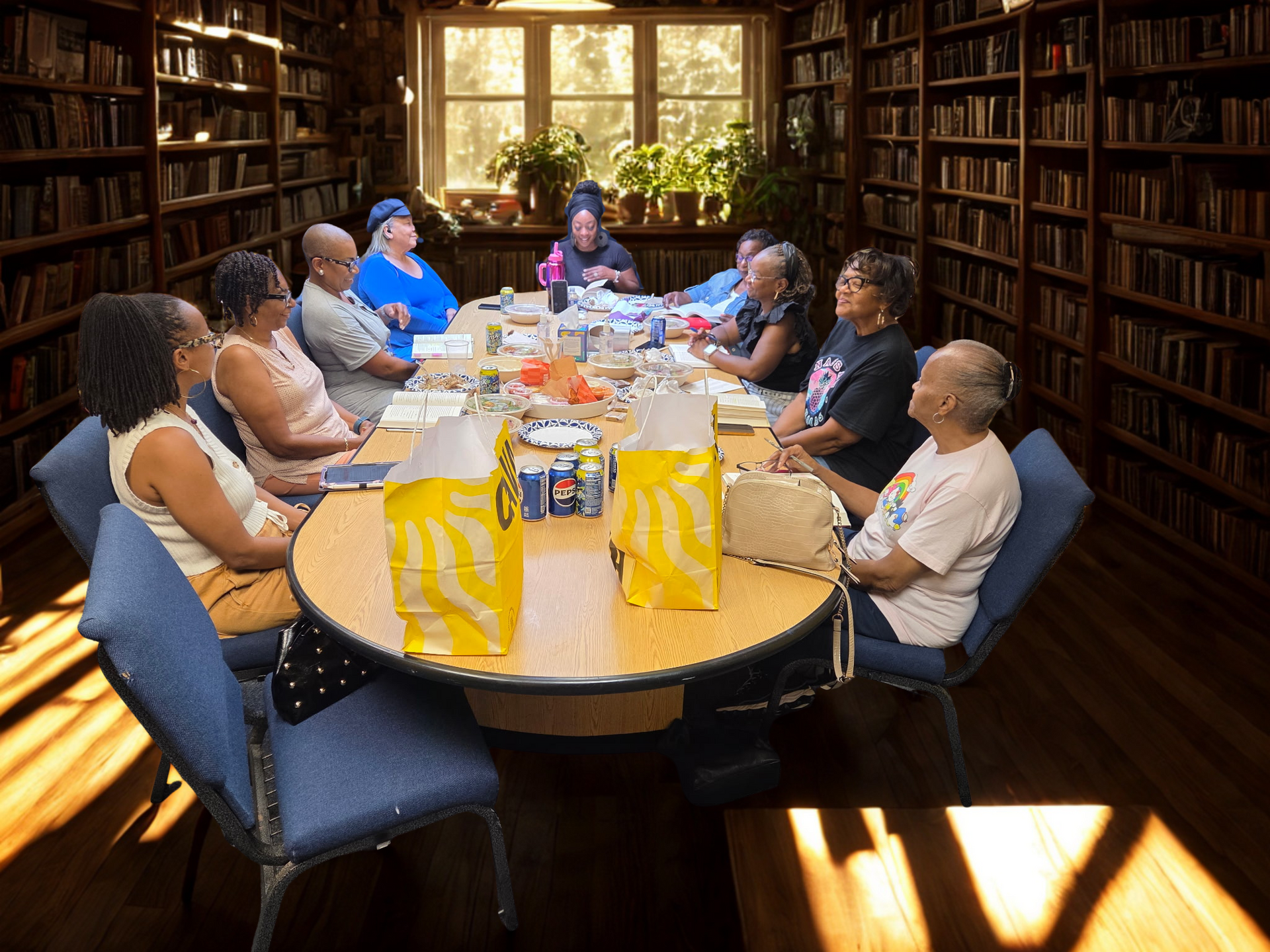 People seated around a round table in a sunlit library meeting room