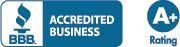A blue sign that says accredited business on it