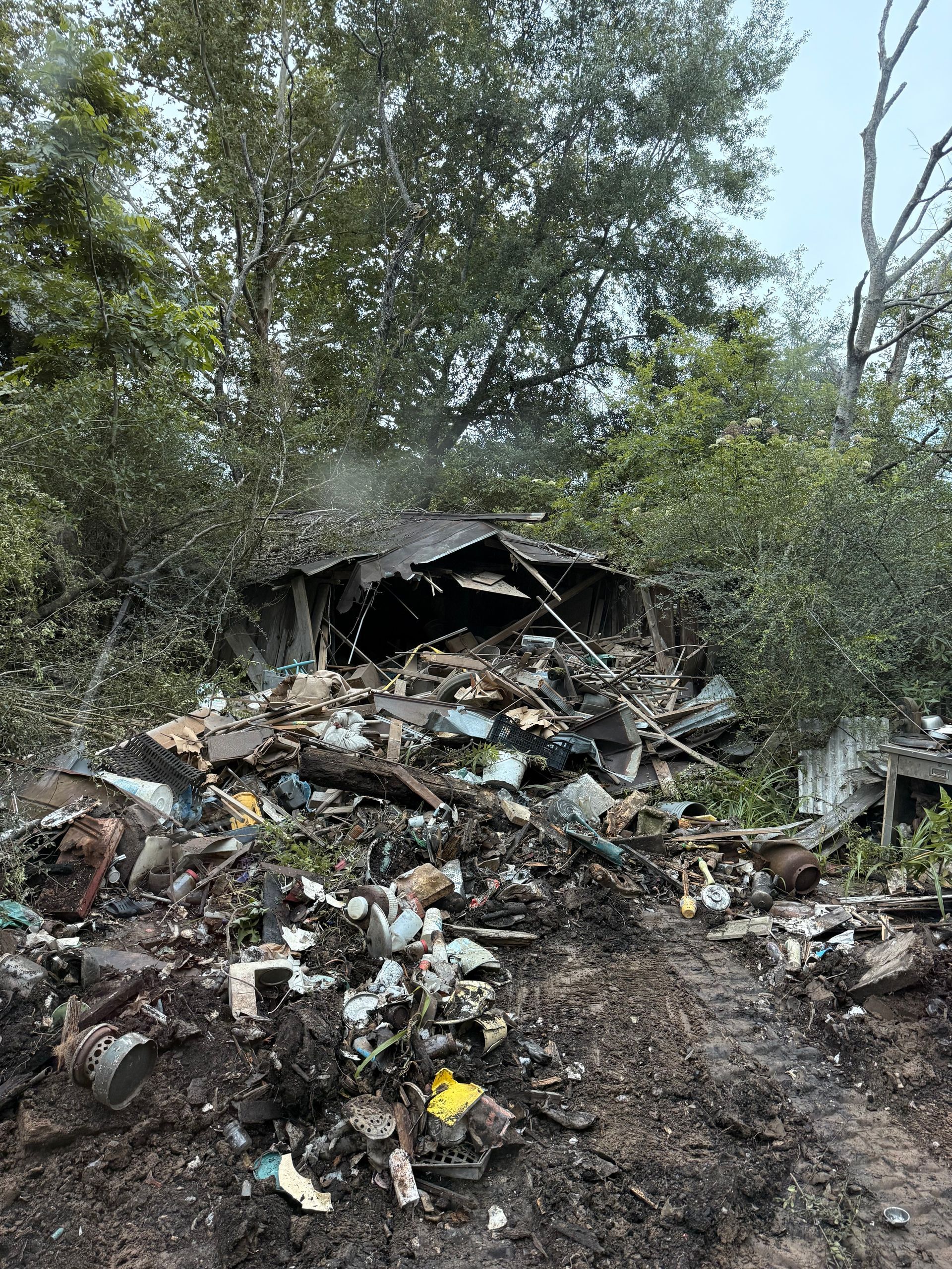 Pile of debris and collapsed structure in a wooded area; gray, brown, and green.