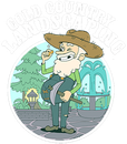 Logo for Gold Country Landscaping featuring a bearded mascot holding a pickaxe in front of a fountain and pine tree.