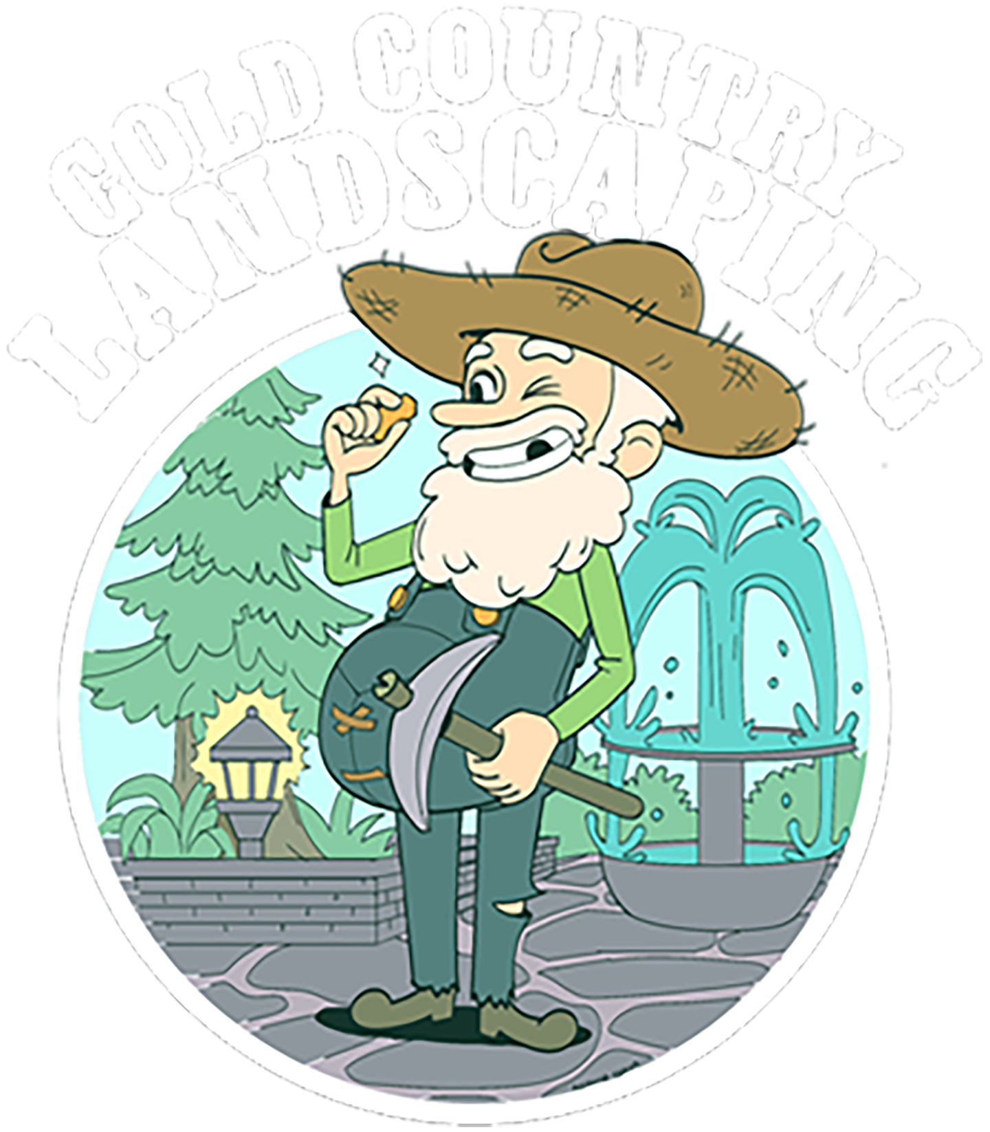 Logo for Gold Country Landscaping featuring a bearded mascot holding a pickaxe in front of a fountain and pine tree.