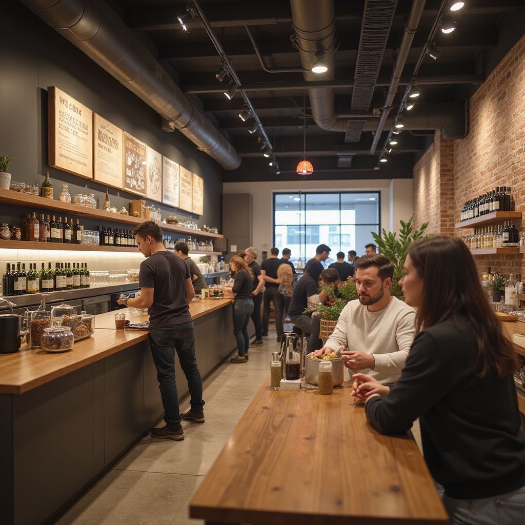 Gente en un café moderno con mesas de madera y paredes de ladrillo; algunos están pidiendo, otros están sentados y conversando.