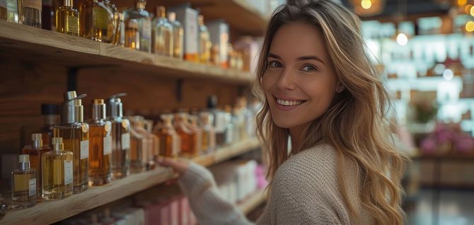 Mujer sonriendo cerca de frascos de perfume en el estante de una tienda.