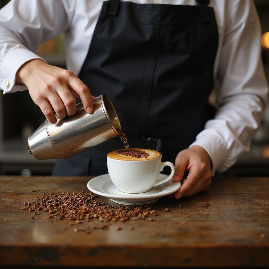 Un barista sirve café de una jarra metálica a una taza, colocada sobre un platillo, con granos de café esparcidos cerca.