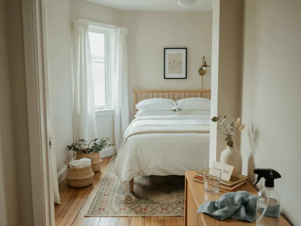 Minimal bedroom with white bedding, wood accents, potted plants, and a window with sheer curtains.