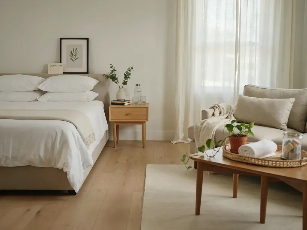 Cozy bedroom with white bedding, wooden nightstand, and sunlit chair with coffee table by the window