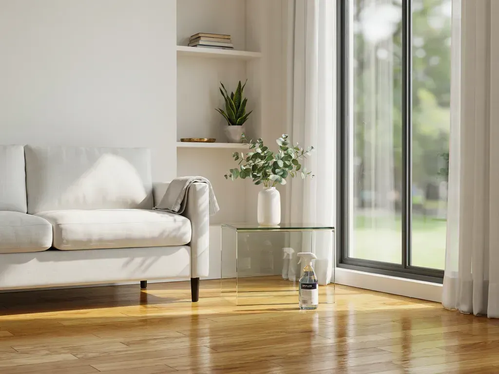 Bright living room with a white sofa, glass side table, plant decor, and sunlight by large windows