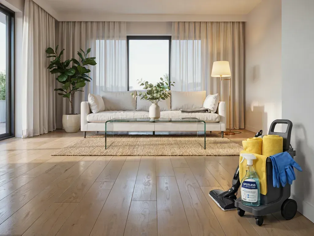 Bright living room with white sofa, glass coffee table, curtains, and cleaning cart in the foreground