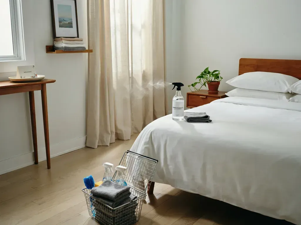 Bright bedroom with white bed, wooden table, curtains, plant, and cleaning supplies on the floor.