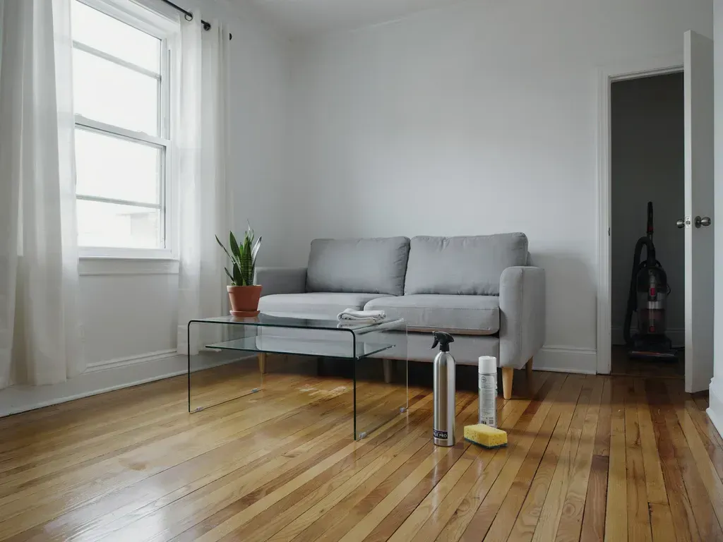 Minimal living room with gray sofa, glass coffee table, potted plant, and hardwood floors
