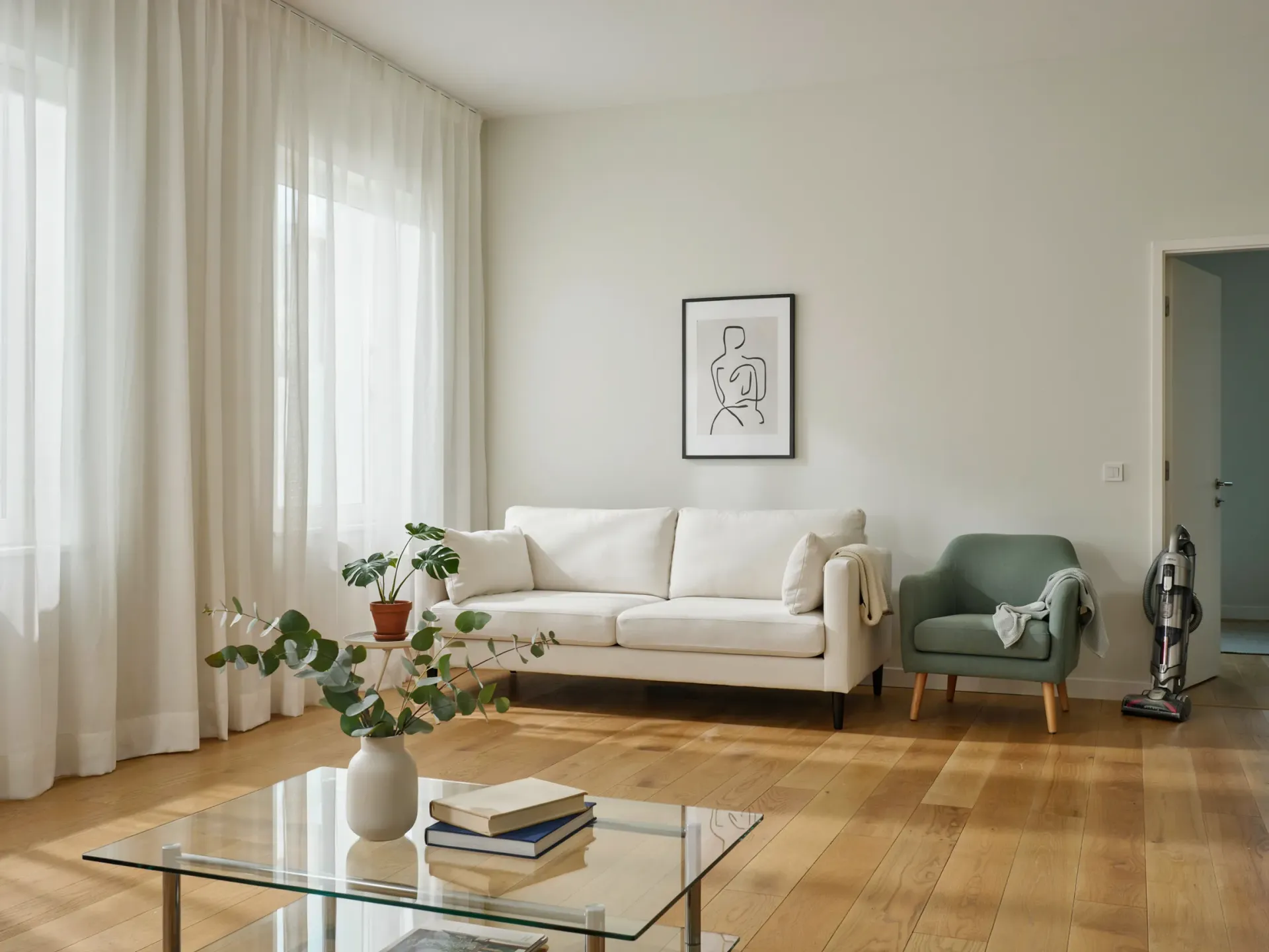 Bright living room with white sofa, green chair, glass coffee table, and sheer curtains by a window.