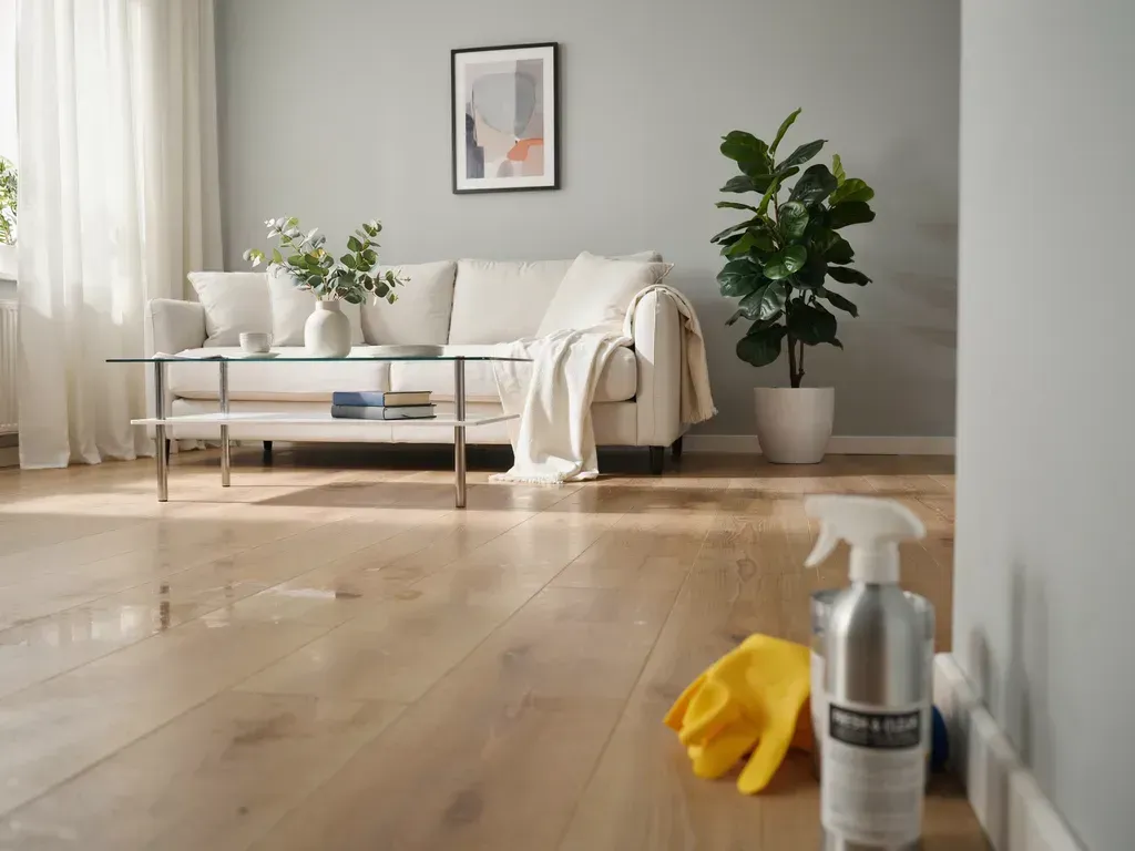 Living room with white sofa, plant, and cleaning supplies on a wooden floor