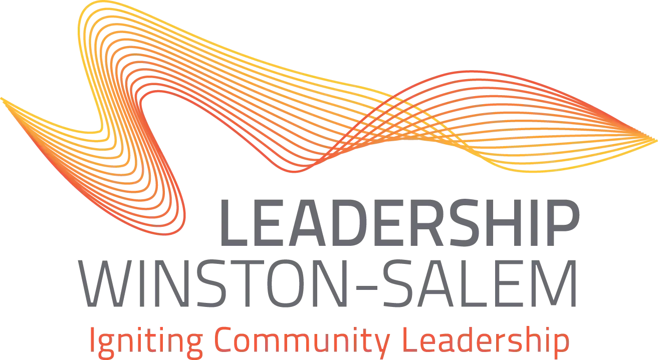 The Leadership Winston-Salem logo features an orange and yellow abstract wave graphic above grey text and a red tagline.