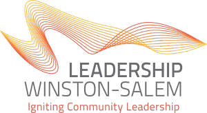 The Leadership Winston-Salem logo features an orange and yellow abstract wave graphic above grey text and a red tagline.