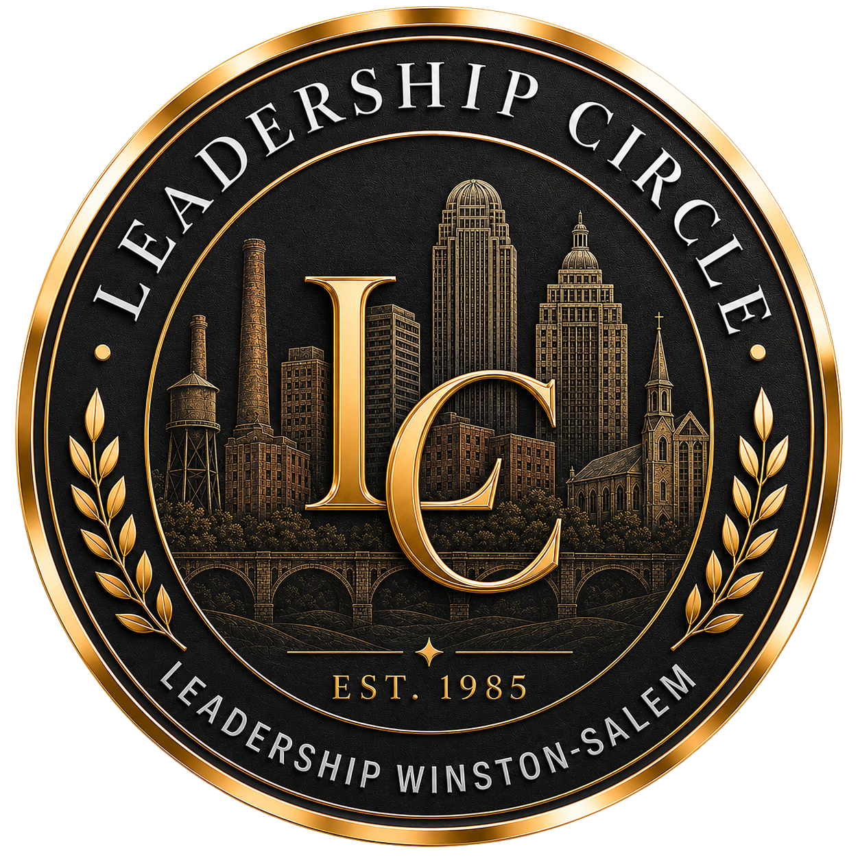 Art deco circular logo for Leadership Winston-Salem Circle, featuring gold and black text on a metallic-styled badge.