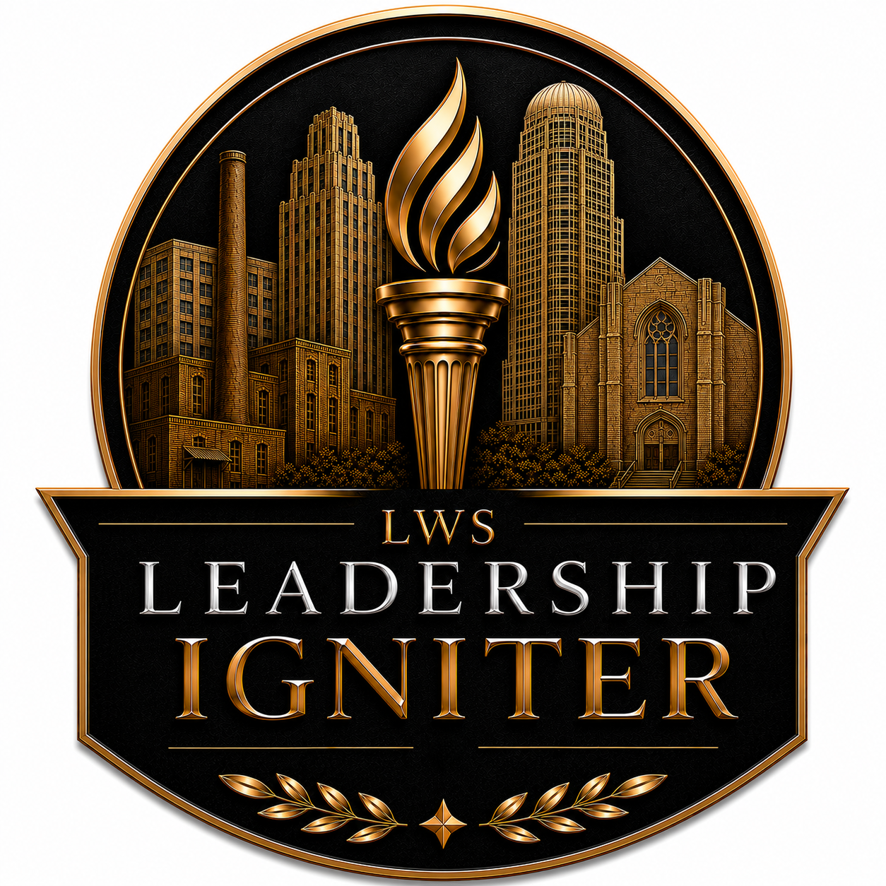 Art deco circular logo for Leadership Winston-Salem Circle, featuring gold and black text on a metallic-styled badge.