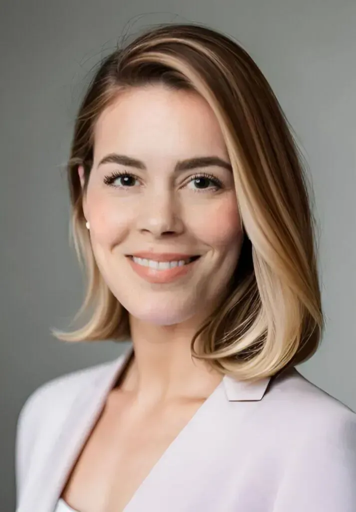 Professional headshot of a smiling person with shoulder-length blonde hair, wearing a light-colored blazer against a grey.