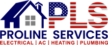 Logo for Proline Services: House graphic, American flag "PLS", and service offerings: Electrical, AC, Heating, Plumbing.