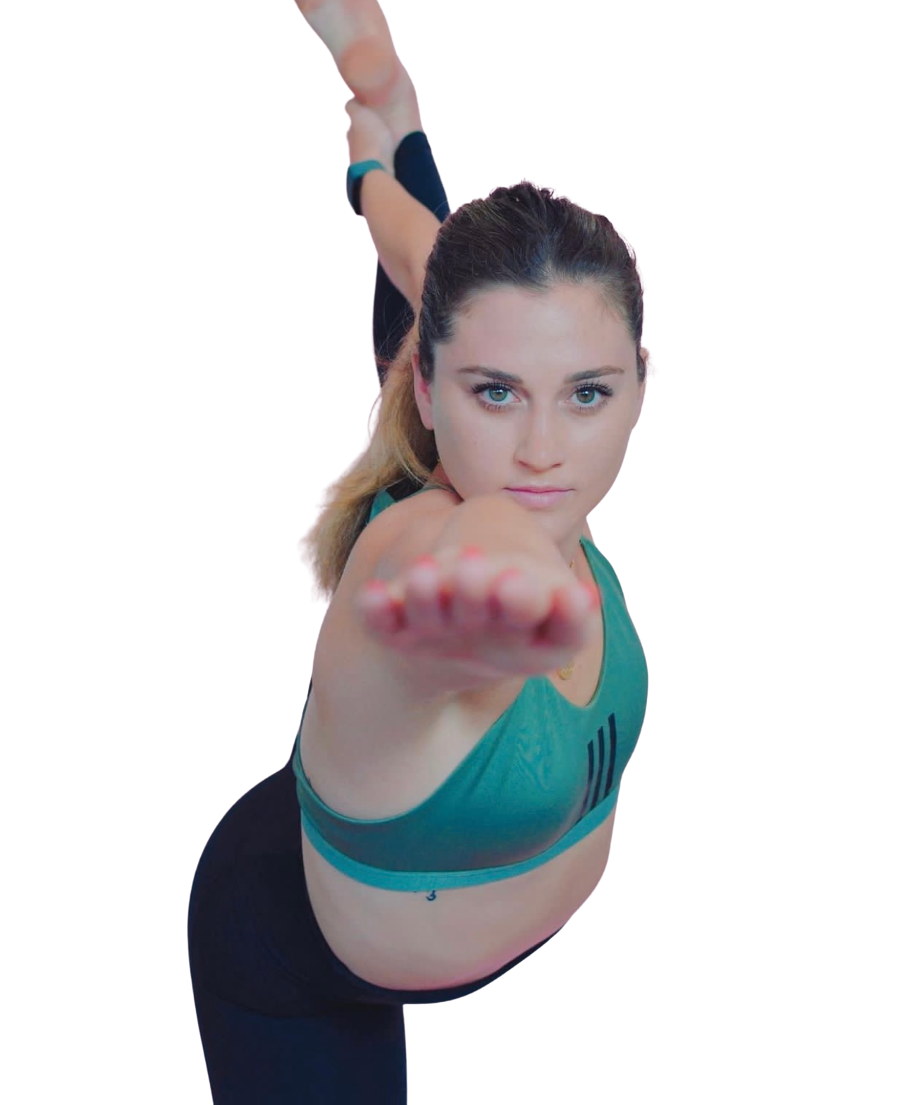 meg doing a hot yoga pose, standing bow in nassau county