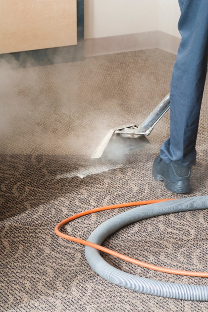 A person is cleaning a carpet with a vacuum cleaner.