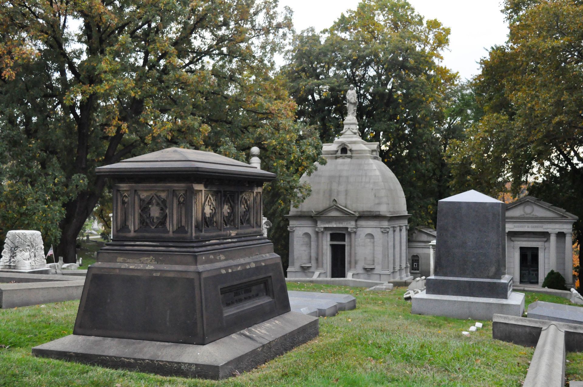 Cemetery landscape with several mausoleums.