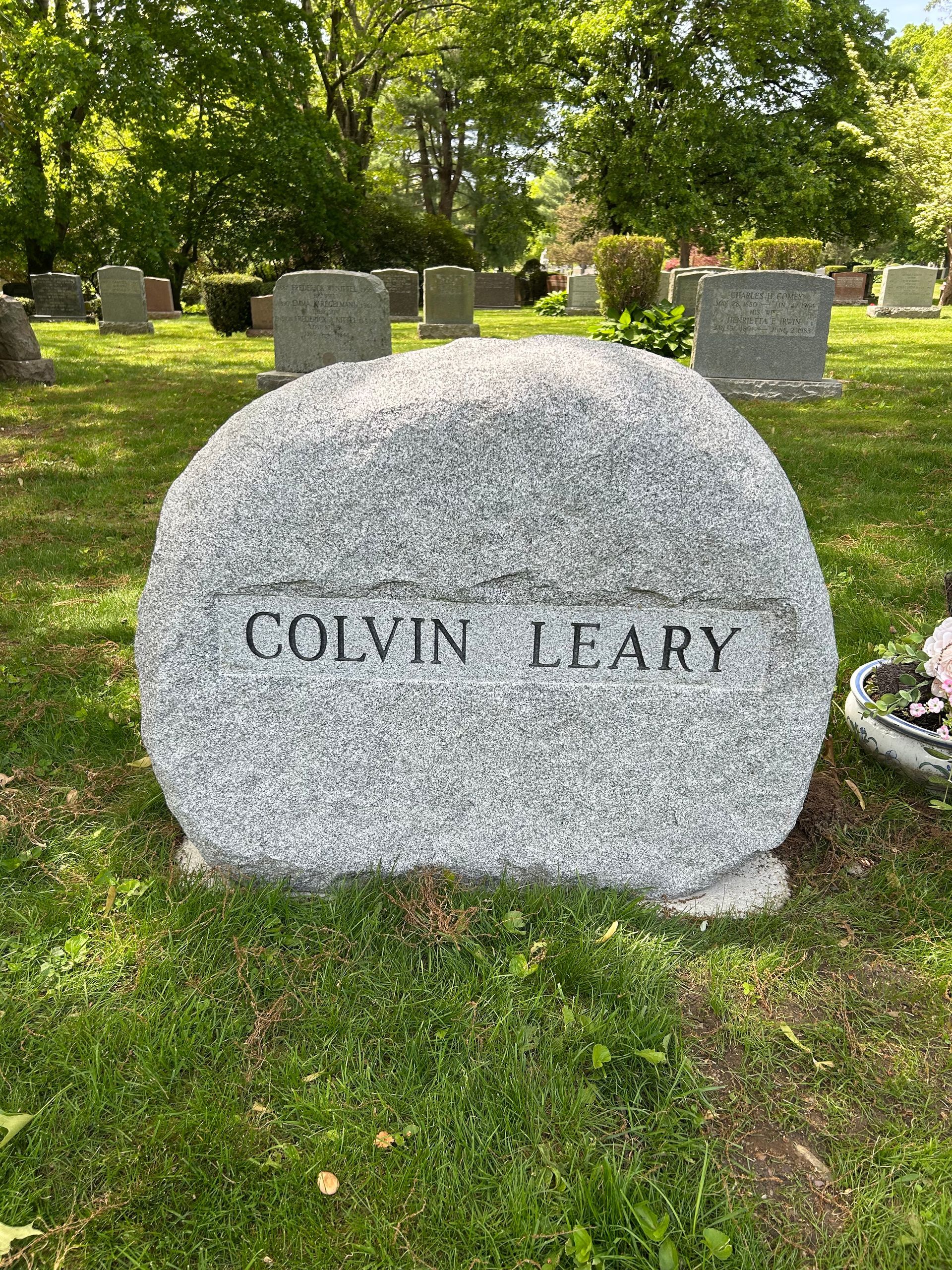 A grey, boulder-shaped headstone with the inscription 