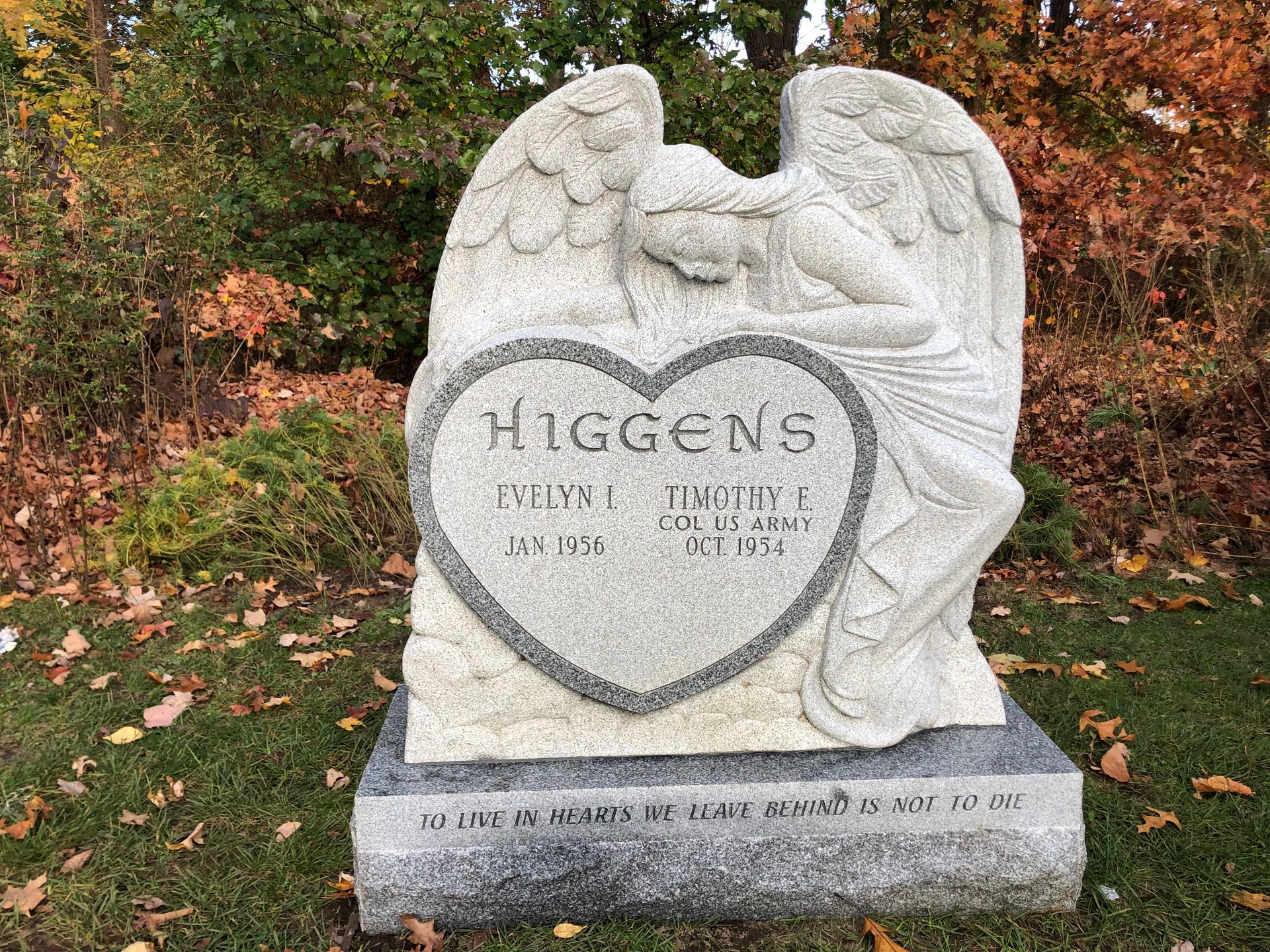 A stone headstone features a sculpted angel leaning over a heart-shaped plaque inscribed with the name HIGGENS.