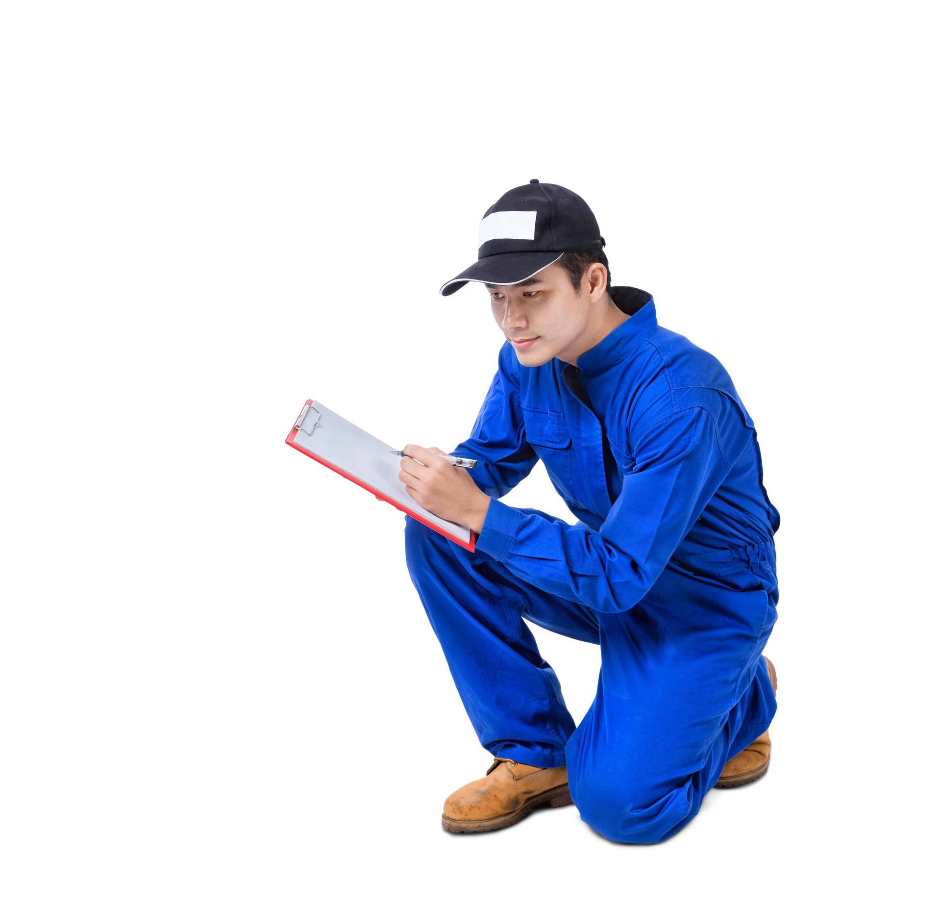 A garage door technician crouching down with a notepad