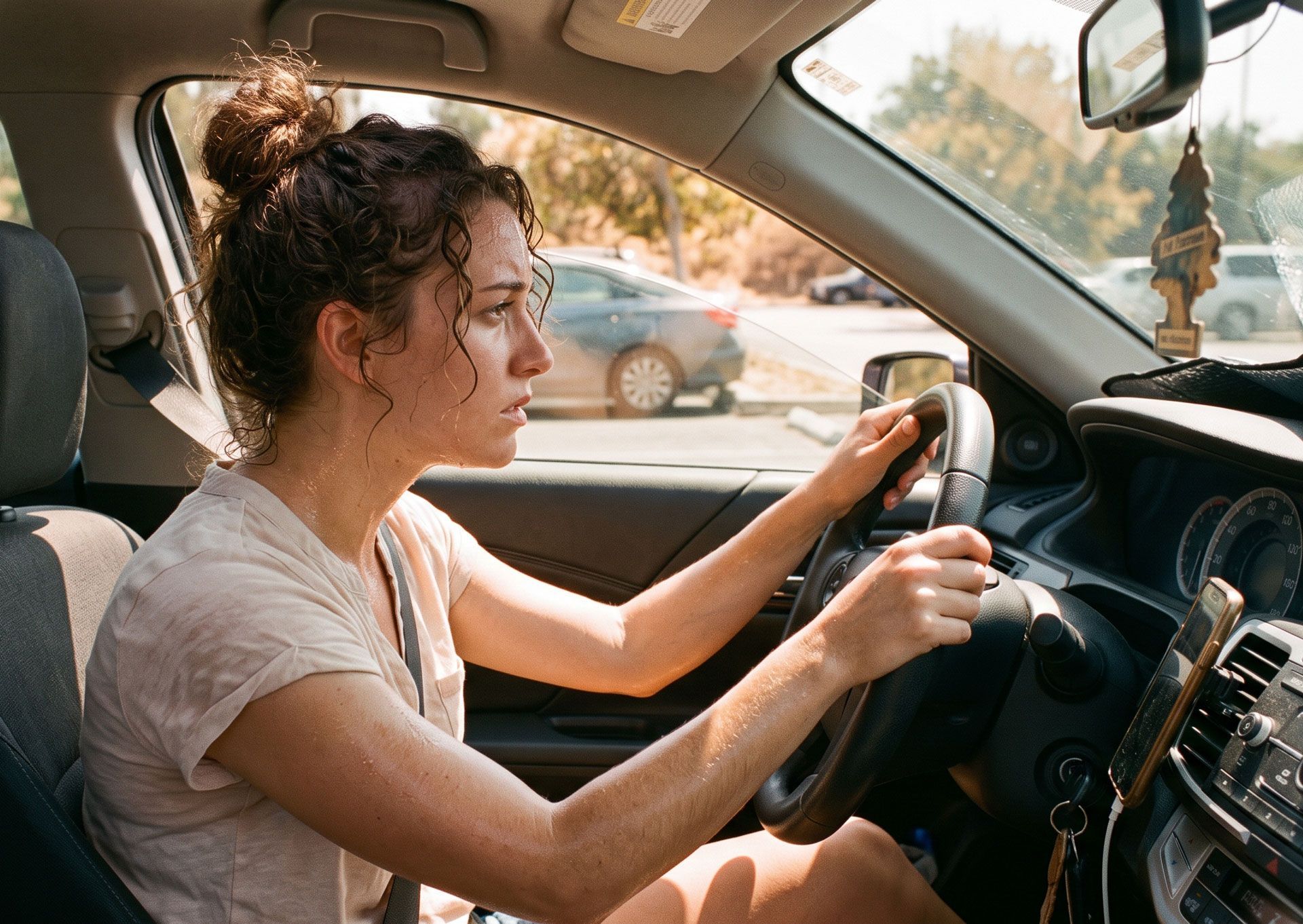 Person driving a car, hands on the wheel, in a sunlit interior with a hanging ornament.