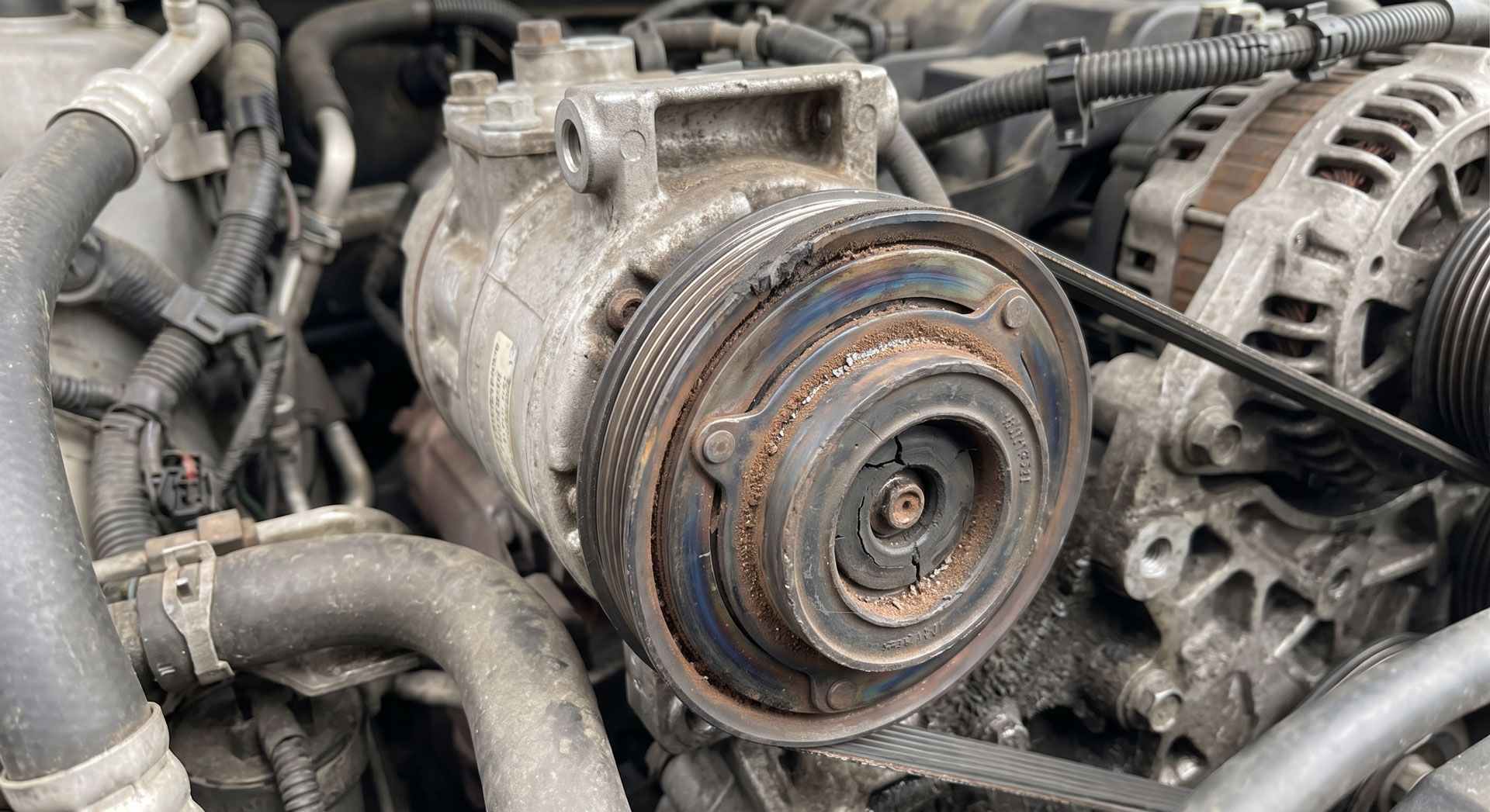 Rusty car engine close-up with worn pulley and alternator parts exposed