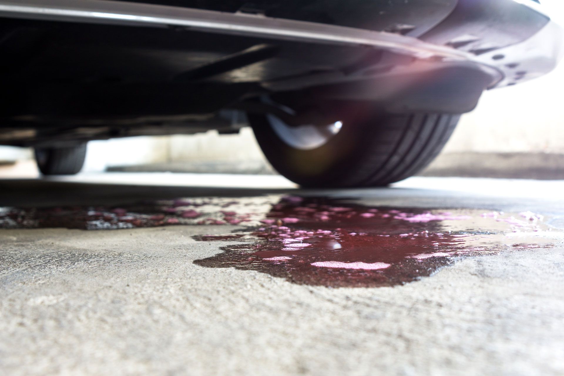 Car with pinkish fluid leaking onto concrete surface.