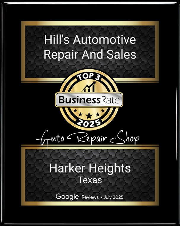 Hill's Automotive Repair and Sales award plaque with Top 3 Business 2025 badge, Harker Heights, Texas