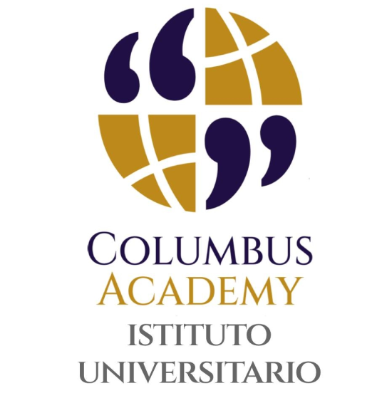 Logo della Columbus Academy Instituto Universitario in viola e oro con globo stilizzato e virgolette