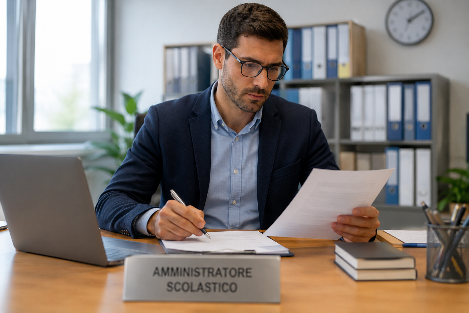 Un'impiegata amministrativa lavora alla sua scrivania, leggendo documenti accanto a un computer portatile in un ufficio.