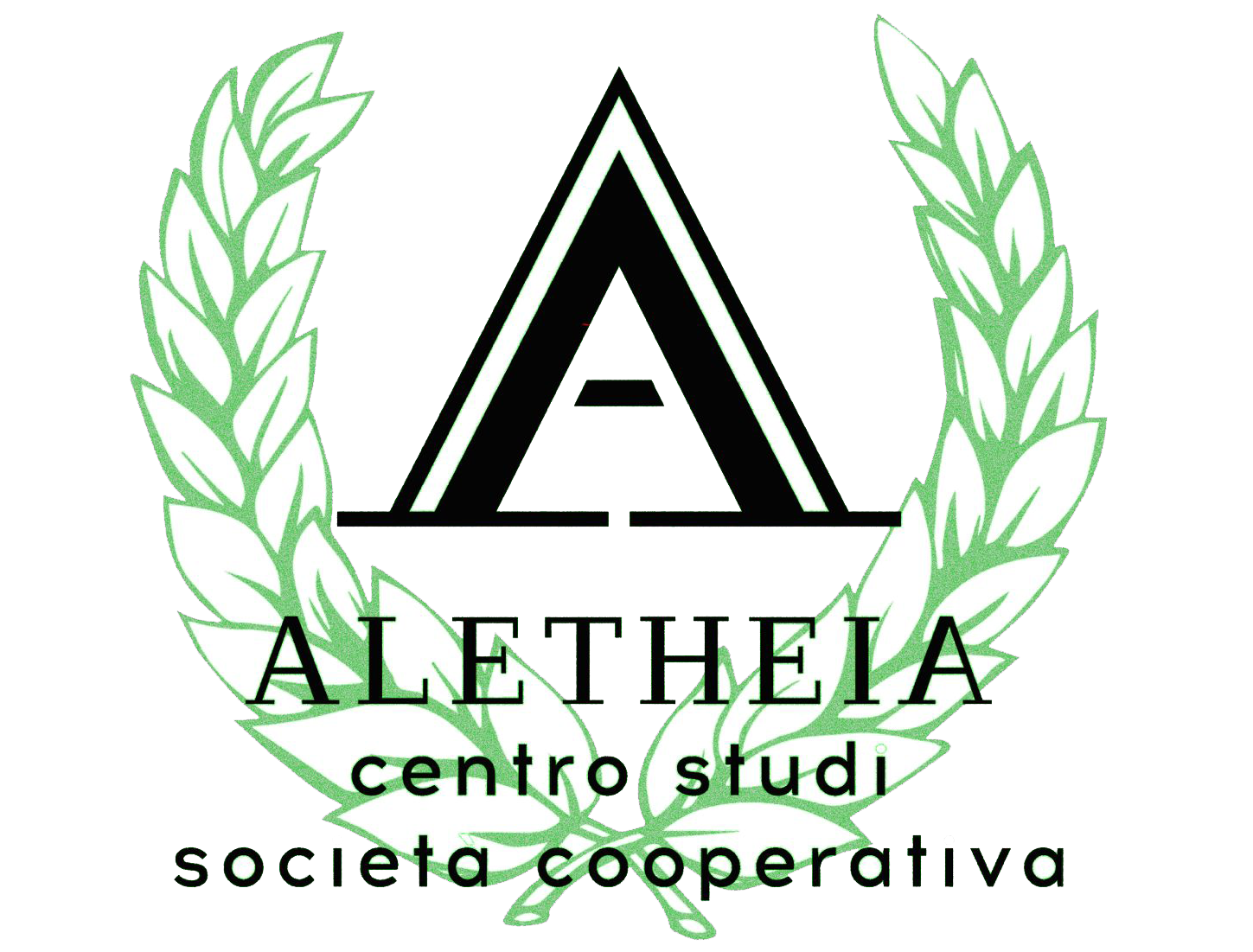 Logo ALETHEIA con corone d'alloro verdi e una A triangolare nera sopra la scritta 