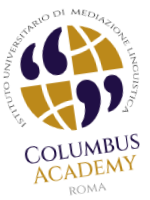 Logo della Columbus Academy Roma con grafica e testo a forma di globo viola e oro.
