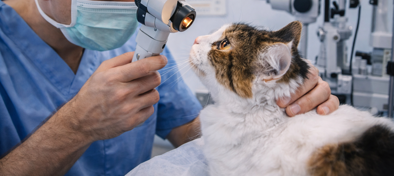 In una clinica, un veterinario in camice blu utilizza un oftalmoscopio portatile per esaminare gli occhi di una gatta tricolore.