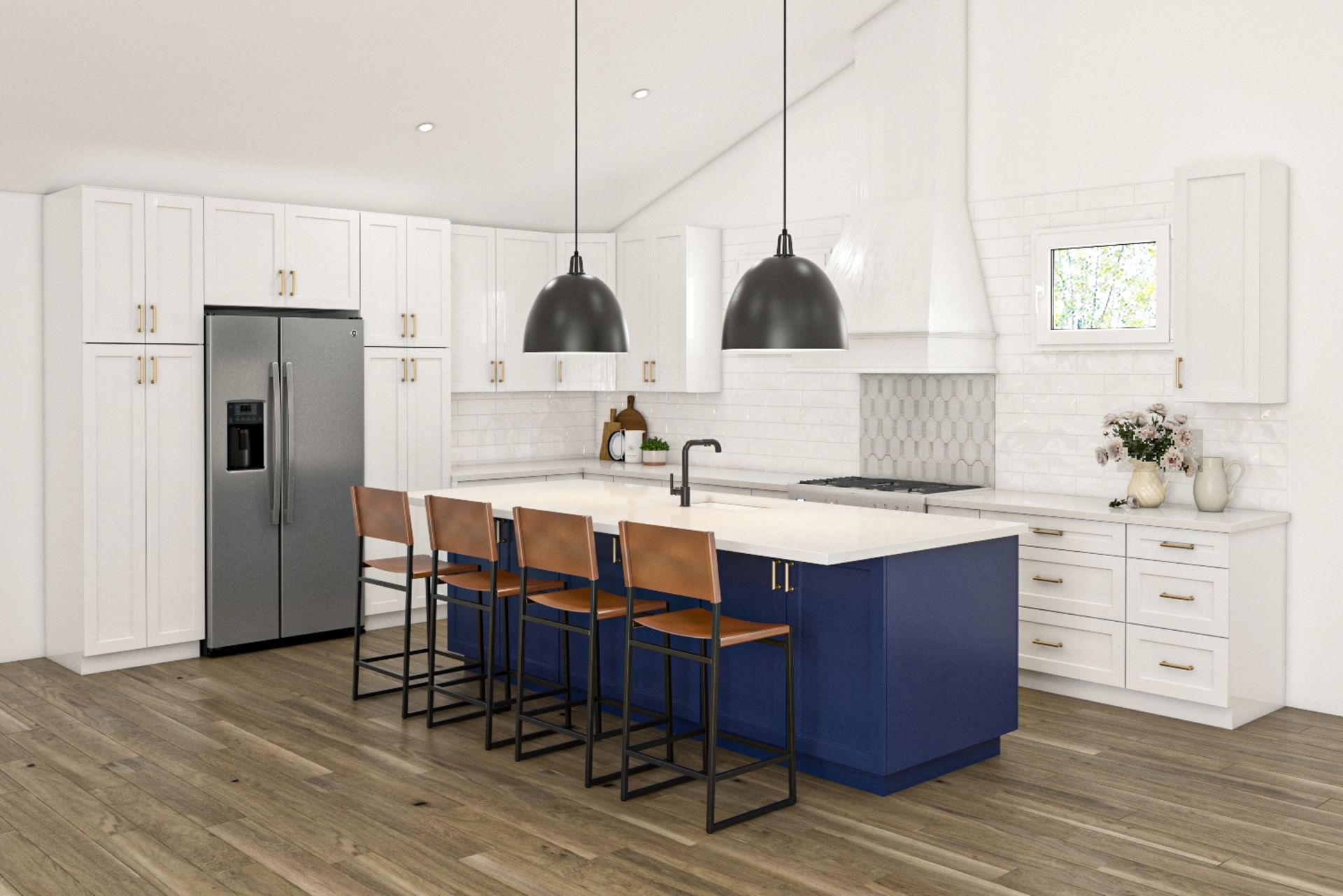 A kitchen with white cabinets , a blue island , and a stainless steel refrigerator.