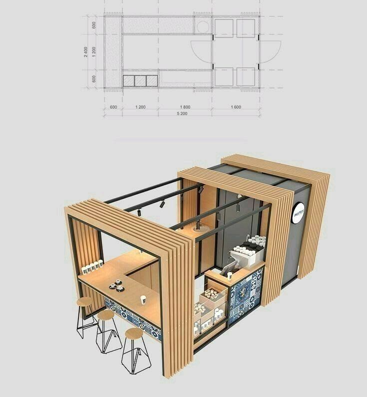 Pequeno quiosque modular com ripas de madeira, estrutura preta, balcões, banquetas e um esboço da planta baixa acima.