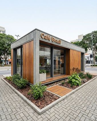 Pequeno quiosque de café moderno com painéis de madeira e grandes janelas em uma esquina pavimentada da cidade.