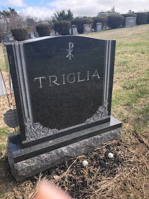 Black granite gravestone engraved “TRIGLIA” in a cemetery, with grass and small white flowers nearby