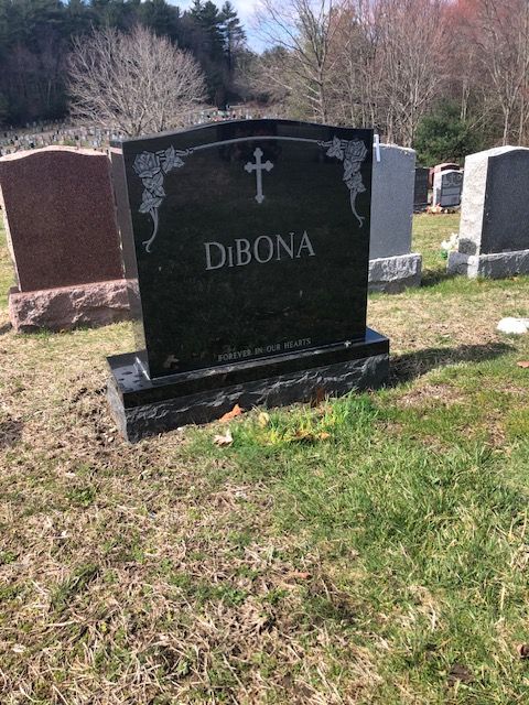 Black gravestone with cross and “Dibona” in a grassy cemetery, with other headstones and trees behind it
