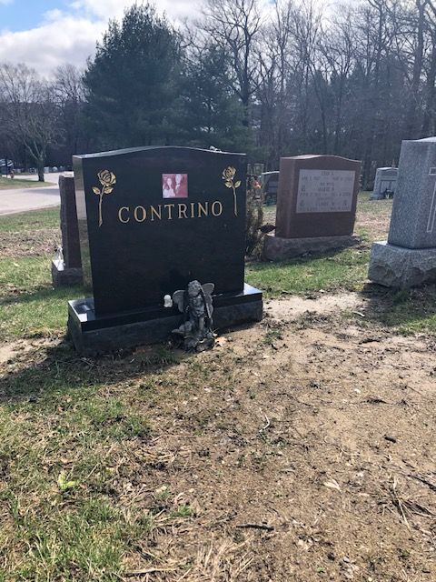 Black memorial headstone with gold lettering in a cemetery, with other grave markers and trees behind.