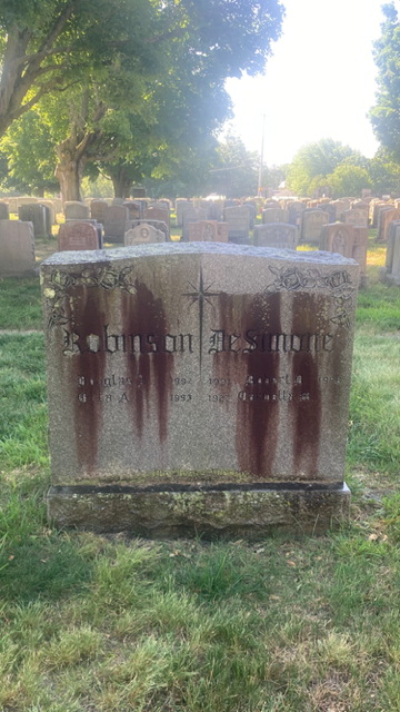 Weathered gravestone with dark red stains, standing in a grassy cemetery under bright sunlight.
